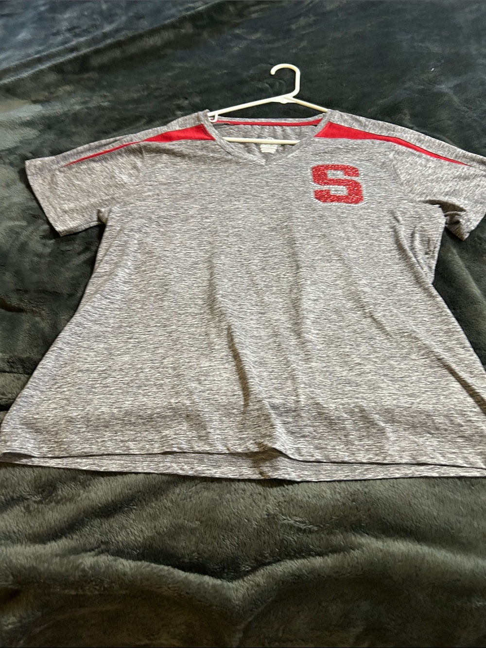 Womens Gray Athletic Tee with Red Accents and 'S' Detail